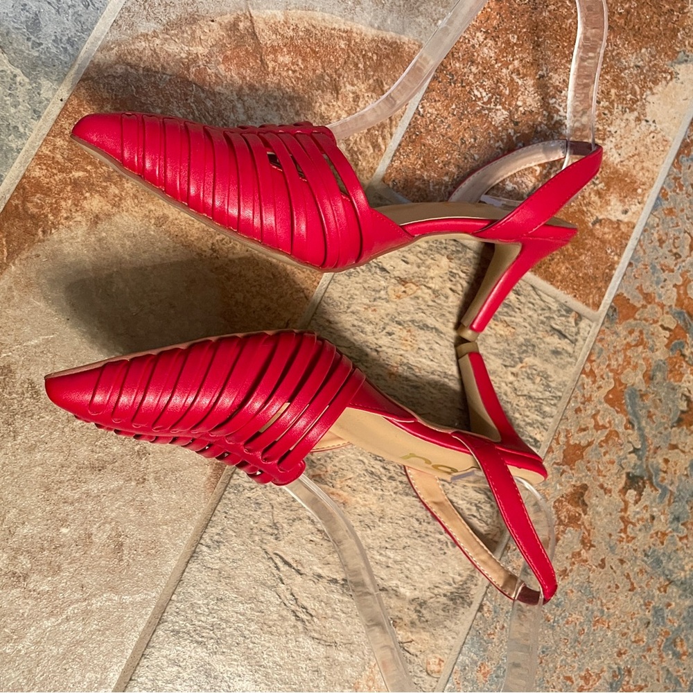 👠NWOB!! FSJ Caged Pointed Toe Sling Back Vibrant Red Patent Pumps! - Picture 11 of 11